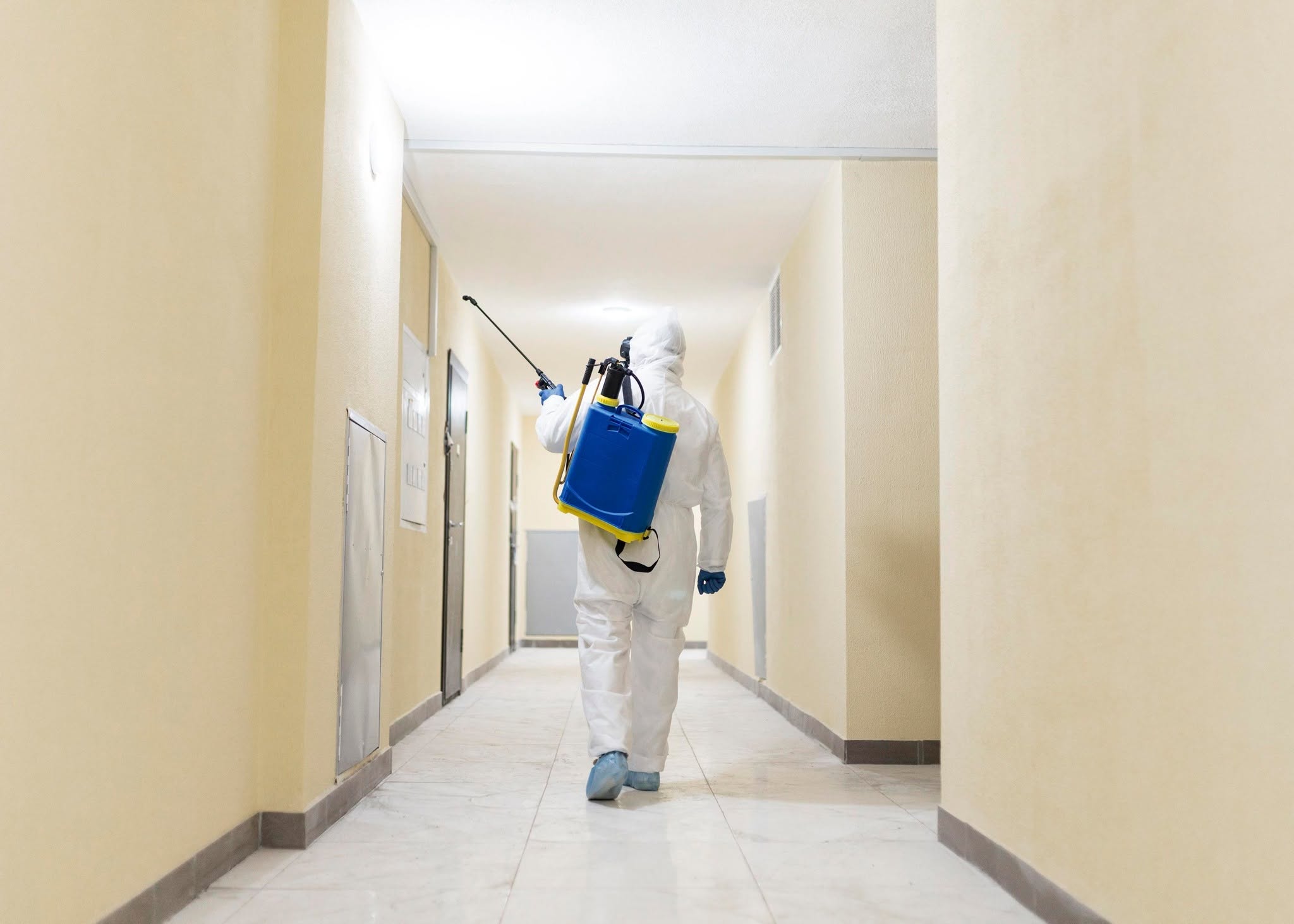 Specialist cleaning technician using certified hygiene spray and PPE equipment